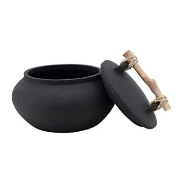 Bloomingville Decorative Terra-Cotta Lid and Driftwood Handle Container, 10" L x 10" W x 6" H, Black (AH2175)