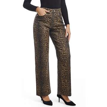 ETTELO Women's Jeans Straight Leg Casual High Waisted Stretch Trendy Leopard Pull On Jeans for Women