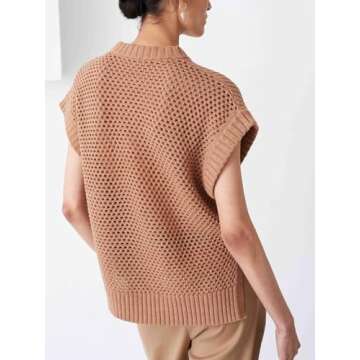 YKR Cap Sleeve Sweater Vest for Women Crew Neck Short Sleeve Sweater Oversized Knit Ribbed Pullover Tank Tops Apricot