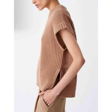 YKR Cap Sleeve Sweater Vest for Women Crew Neck Short Sleeve Sweater Oversized Knit Ribbed Pullover Tank Tops Apricot
