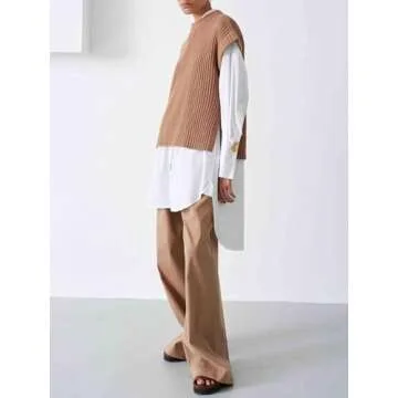 YKR Cap Sleeve Sweater Vest for Women Crew Neck Short Sleeve Sweater Oversized Knit Ribbed Pullover Tank Tops Apricot