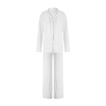 Vohawsa Womens 2 Piece Pants Outfits Pleated Casual Long Sleeve Button Down Shirts High Waist Long Pants Wide Leg Pants Sets (White , M )