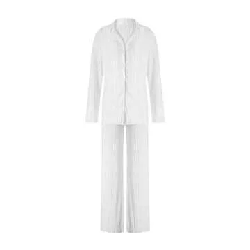 Vohawsa Womens 2 Piece Pants Outfits Pleated Casual Long Sleeve Button Down Shirts High Waist Long Pants Wide Leg Pants Sets (White , M )