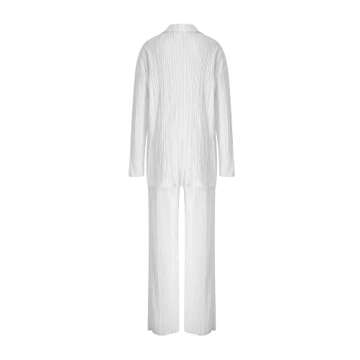 Vohawsa Womens 2 Piece Pants Outfits Pleated Casual Long Sleeve Button Down Shirts High Waist Long Pants Wide Leg Pants Sets (White , M )