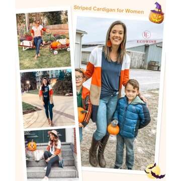 ECOWISH Cardigan Sweaters for Women Lightweight Fall Color Block Striped Long Sleeve Open Front Cozy...