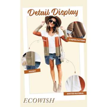 ECOWISH Cardigan Sweaters for Women Lightweight Fall Color Block Striped Long Sleeve Open Front Cozy Knitted Coats Outwear Small Stripe
