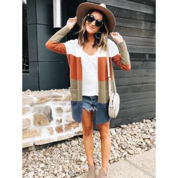 ECOWISH Cardigan Sweaters for Women Lightweight Fall Color Block Striped Long Sleeve Open Front Cozy Knitted Coats Outwear Small Stripe