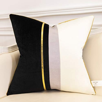Avigers 22 x 22 Inches Black White Gold Leather Striped Patchwork Velvet Cushion Case Luxury Modern ...