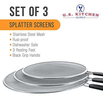 U.S. Kitchen Supply 13", 11.5", 9.5" Stainless Steel Fine Mesh Splatter Screen with Resting Feet Set, Black Comfort Grip Handles - Use on Boiling Pots, Frying Pans - Grease Oil Guard, Safe Cooking Lid