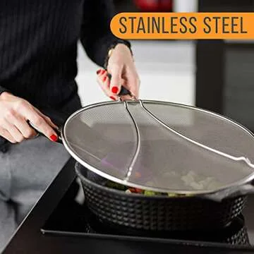 U.S. Kitchen Supply 13", 11.5", 9.5" Stainless Steel Fine Mesh Splatter Screen with Resting Feet Set, Black Comfort Grip Handles - Use on Boiling Pots, Frying Pans - Grease Oil Guard, Safe Cooking Lid