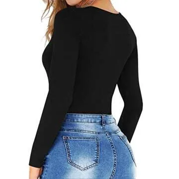 MANGOPOP Womens Body suits Long Sleeve Round Neck Bodysuits for Women Ribbed Bodysuit Shirts