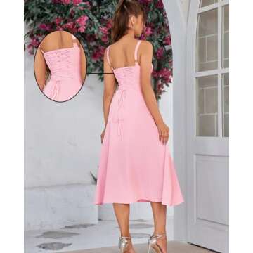 Wedding Guest Dresses for Women Midi Corset Lace Up A Line Dress Solid Flowy Slit Going Out Sundress for Tea Party