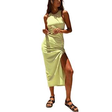 Antopmen Women Round Racerback Sleeveless Ribbed Dress Side Slit Knit Bodycon Strecthy Midi Dress(Medium, LightGreen)