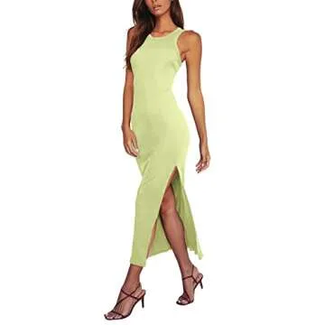 Antopmen Women Round Racerback Sleeveless Ribbed Dress Side Slit Knit Bodycon Strecthy Midi Dress(Medium, LightGreen)