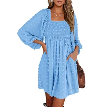 BTFBM Women Square Neck Smocked Dresses 2025 Summer Fall Long Sleeve Floral Swiss Dot Mini Boho Wedd...