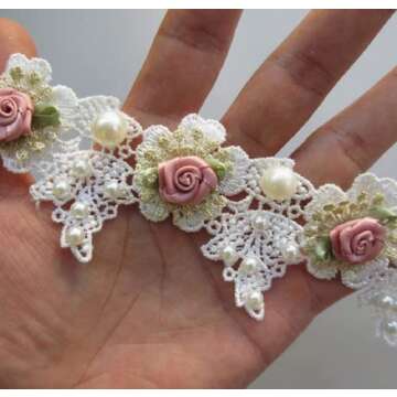 Ruoxian 3 Yard DIY Sewing Supplies Vintage Pearl Rose Flowers Embroidered Lace Trim Fabric Floral Ap...