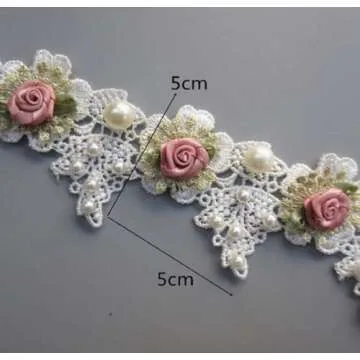Ruoxian 3 Yard DIY Sewing Supplies Vintage Pearl Rose Flowers Embroidered Lace Trim Fabric Floral Appliques Lace Ribbon Bridal Ornaments Handmade Craft for Costume Hat Decoration (3 Yard Rose)