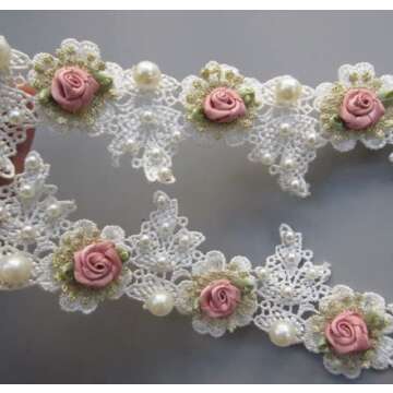 Ruoxian 3 Yard DIY Sewing Supplies Vintage Pearl Rose Flowers Embroidered Lace Trim Fabric Floral Appliques Lace Ribbon Bridal Ornaments Handmade Craft for Costume Hat Decoration (3 Yard Rose)