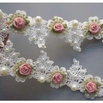 Ruoxian 3 Yard DIY Sewing Supplies Vintage Pearl Rose Flowers Embroidered Lace Trim Fabric Floral Appliques Lace Ribbon Bridal Ornaments Handmade Craft for Costume Hat Decoration (3 Yard Rose)