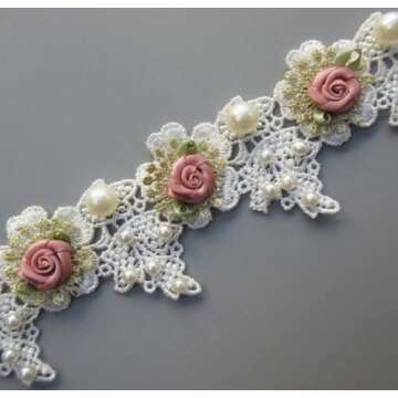 Ruoxian 3 Yard DIY Sewing Supplies Vintage Pearl Rose Flowers Embroidered Lace Trim Fabric Floral Appliques Lace Ribbon Bridal Ornaments Handmade Craft for Costume Hat Decoration (3 Yard Rose)