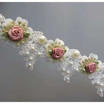 Ruoxian 3 Yard DIY Sewing Supplies Vintage Pearl Rose Flowers Embroidered Lace Trim Fabric Floral Appliques Lace Ribbon Bridal Ornaments Handmade Craft for Costume Hat Decoration (3 Yard Rose)