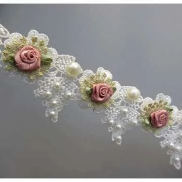 Ruoxian 3 Yard DIY Sewing Supplies Vintage Pearl Rose Flowers Embroidered Lace Trim Fabric Floral Appliques Lace Ribbon Bridal Ornaments Handmade Craft for Costume Hat Decoration (3 Yard Rose)