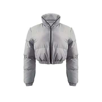 KOOBETON Women's Warm Lightweight Packable Puffer Jacket Cropped Winter Zip Up Short Bubble Puffy Coats Grey L