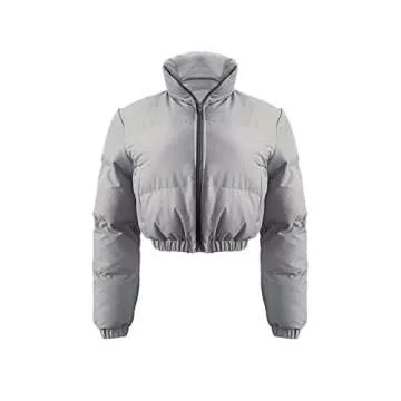 KOOBETON Women's Warm Lightweight Packable Puffer Jacket Cropped Winter Zip Up Short Bubble Puffy Coats Grey L
