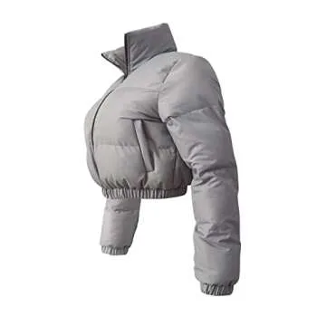KOOBETON Women's Warm Lightweight Packable Puffer Jacket Cropped Winter Zip Up Short Bubble Puffy Coats Grey L