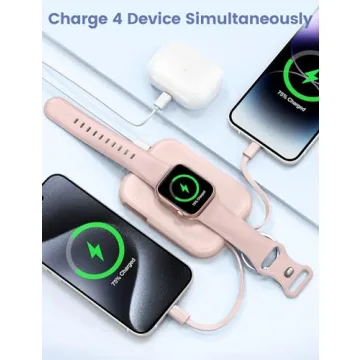 RORRY Portable Charger, 5000mAh Portable Charger Power Bank with Built-in Cables, Travel Keychain Battery Pack for Apple Watch Ultra 2/9/8/Ultra/7/6/SE/5, iPhone 16/15/14/13/12, Pink