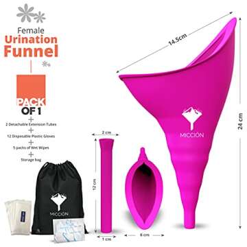 Micción Female Urinal - Leakproof Pee Cup for Women - Reusable & Hygienic Portable Urinal Funnel, Pee while standing. Road trips, Camping, Post Surgery Urination Device With Discreet Bag (Purple Pink)