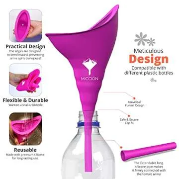 Micción Female Urinal - Leakproof Pee Cup for Women - Reusable & Hygienic Portable Urinal Funnel, Pee while standing. Road trips, Camping, Post Surgery Urination Device With Discreet Bag (Purple Pink)