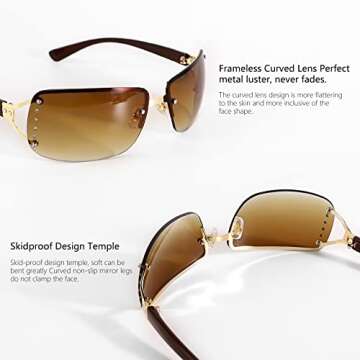 GUVIVI Y2K Sunglasses for Women Shield Rimless Frameless Rectangle Sunglasses Gradient Brown Lens Shield Sun Glasses Eyewear