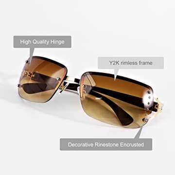 GUVIVI Y2K Sunglasses for Women Shield Rimless Frameless Rectangle Sunglasses Gradient Brown Lens Shield Sun Glasses Eyewear