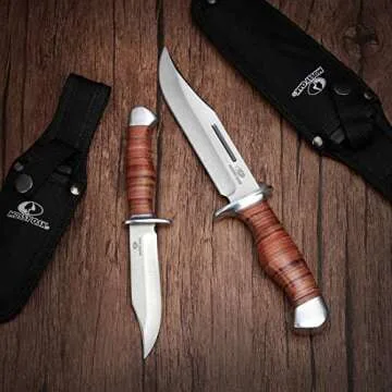 MOSSY OAK 2-piece Bowie Knife, Fixed Blade Hunting Knife with Leather Handle, Sheath Included