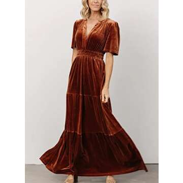 LAVASEON Women's Elegant Velvet Maxi Dress Plunging V Neck Long Wrap Dress Aline Flowy Formal Bridesmaid Dresses Caramel, X-Large