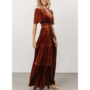 LAVASEON Women's Elegant Velvet Maxi Dress Plunging V Neck Long Wrap Dress Aline Flowy Formal Bridesmaid Dresses Caramel, X-Large