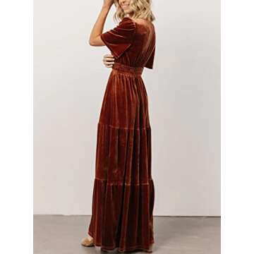 LAVASEON Women's Elegant Velvet Maxi Dress Plunging V Neck Long Wrap Dress Aline Flowy Formal Bridesmaid Dresses Caramel, X-Large