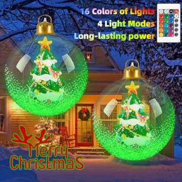 24 Inch Light Up Giant Christmas Ball Christmas Tree Outdoor Inflatables with LED Light PVC Decorated Ball Xmas Blow Up Ball for Garden Yard Porch Christmas Holiday Decor