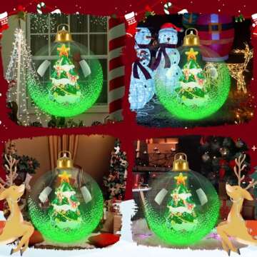 24 Inch Light Up Giant Christmas Ball Christmas Tree Outdoor Inflatables with LED Light PVC Decorated Ball Xmas Blow Up Ball for Garden Yard Porch Christmas Holiday Decor