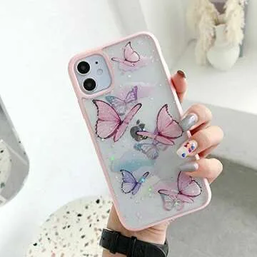 Topwin Butterfly Case for iPhone 13 Pro Max, Girly Bling Glitter Cute Butterfly with Removable Laser Paper Shinny Funny Soft Silicone Case for Apple iPhone 13 Pro Max 2021 (Pink)