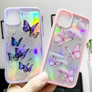 Topwin Butterfly Case for iPhone 13 Pro Max, Girly Bling Glitter Cute Butterfly with Removable Laser Paper Shinny Funny Soft Silicone Case for Apple iPhone 13 Pro Max 2021 (Pink)