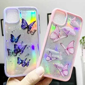 Topwin Butterfly Case for iPhone 13 Pro Max, Girly Bling Glitter Cute Butterfly with Removable Laser Paper Shinny Funny Soft Silicone Case for Apple iPhone 13 Pro Max 2021 (Pink)