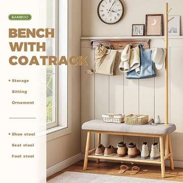 Bamworld Coat Rack Shoe Bench for Entryway, Hall Tree Bench with Storage, Bamboo 3-in-1 Design