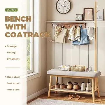 Bamworld Coat Rack Shoe Bench for Entryway, Hall Tree Bench with Storage, Bamboo 3-in-1 Design