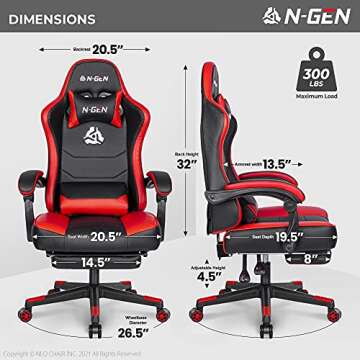 N-GEN Gaming Chair with Footrest Levelled Seat PU Leather Adjustable Ergonomic Lumbar Support High Back Office Swivel Computer Desk Headrest E-Sports PC Gamer Height Reclining (3. Red)