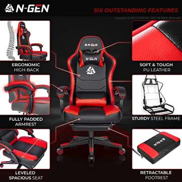 N-GEN Gaming Chair with Footrest Levelled Seat PU Leather Adjustable Ergonomic Lumbar Support High Back Office Swivel Computer Desk Headrest E-Sports PC Gamer Height Reclining (3. Red)