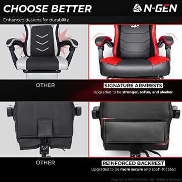 N-GEN Gaming Chair with Footrest Levelled Seat PU Leather Adjustable Ergonomic Lumbar Support High Back Office Swivel Computer Desk Headrest E-Sports PC Gamer Height Reclining (3. Red)