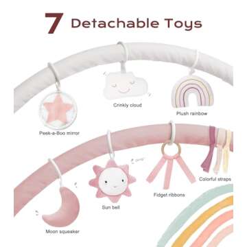 Baby Play Gym Mat, Tummy Time Activity Mat with 7 Detachable Toys and 12 Milestone Cards for Stage-B...