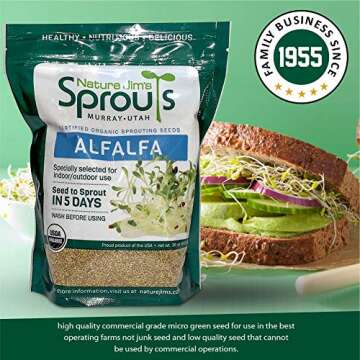 Nature Jims Sprouts alfalfa Seeds – 16 Oz Organic Sprouting Seeds – Non-GMO Premium Alfalfa Seeds – Resealable Bag for Longer Freshness – Rich in Vitamins, Minerals, Fiber